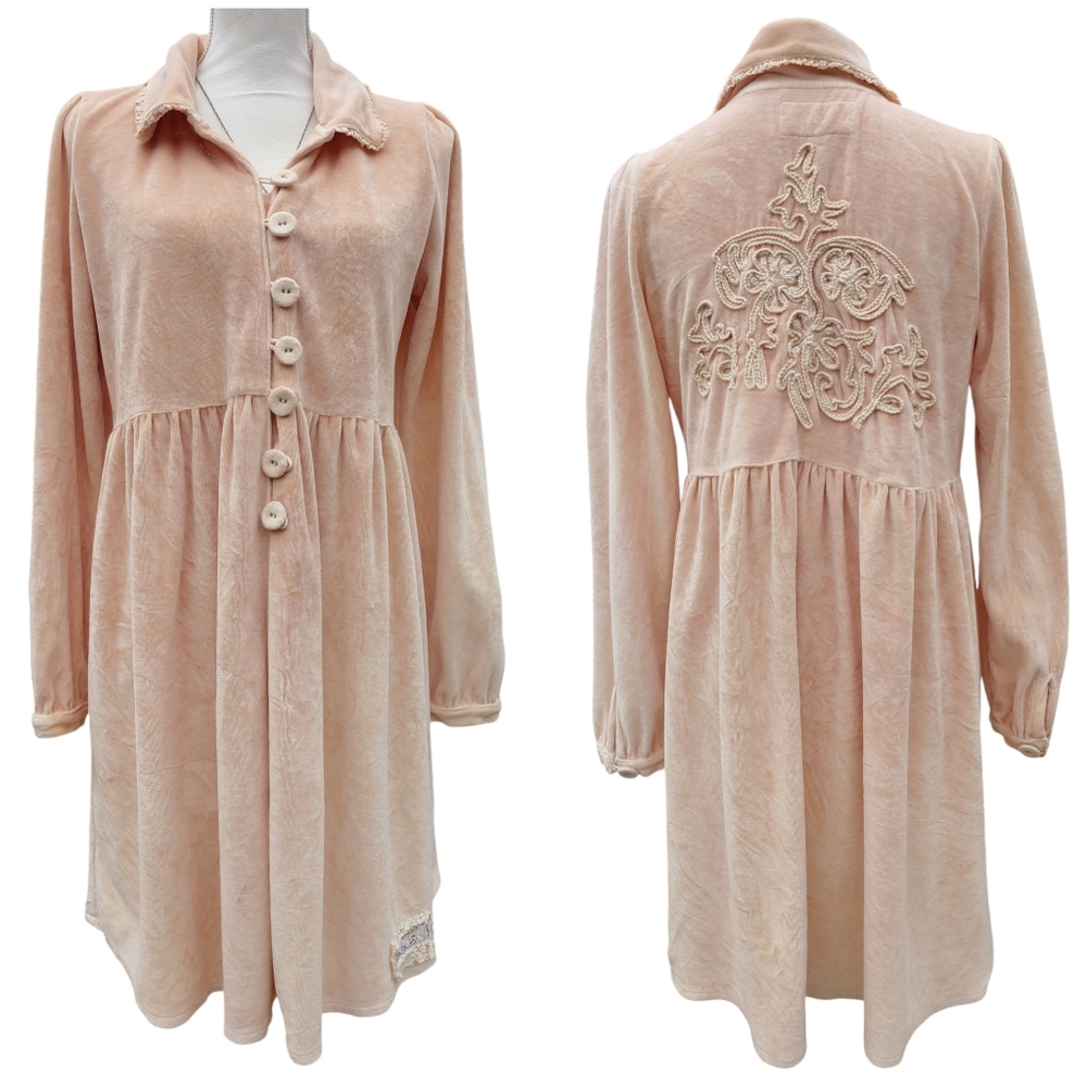 JDL Coat Duster Mottled Pink Velvet Medium Button Front Floral Crewel Work Back
